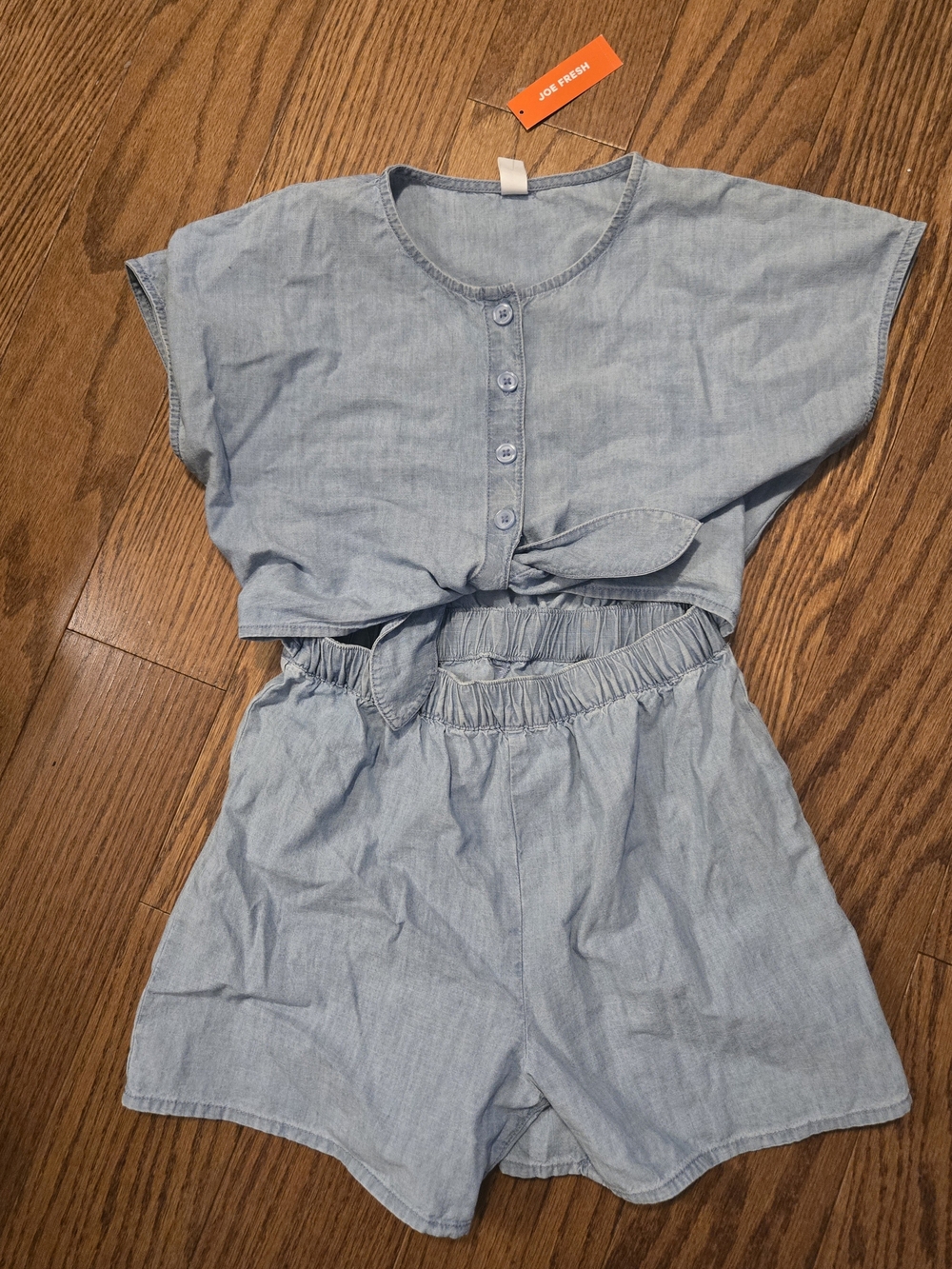Joe Fresh Light Blue Chambray Crop Button-Front Romper 10/12